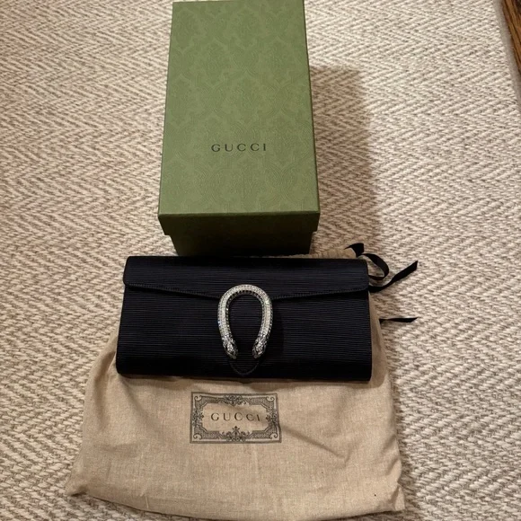 NWOT Gucci Black Dionysus Embellished Textured-Satin Clutch - Picture 6 of 14